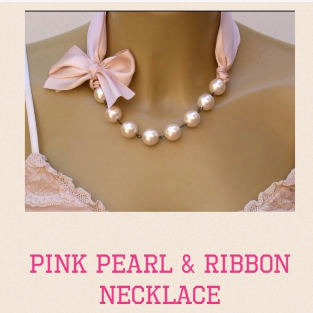 Pink Pearl Ribbon Necklace/adjustable